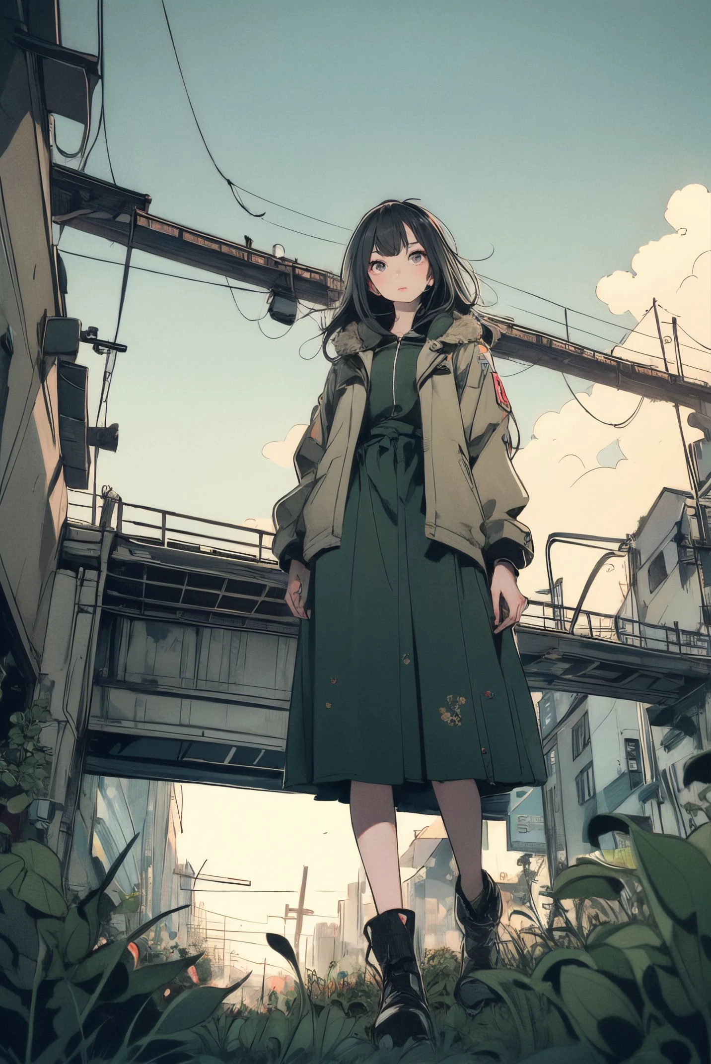 modern art style,highly detailed close up of beautiful young woman as survivor in unique scene with dark tall grass ruined tall hi-tech buildings and dark moss viewed from ground level,toxic plants,stormy sky,neon under ruined spiral bridge,view from below,cinematic,detailed body,detailed eyes,8K,best quality,full sharp,highly detailed,natural skin texture,extreme quality,