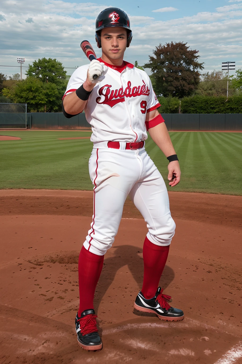 baseball field, outdoors, standing at home plate, holding a baseball bat, BillyRubens is a baseballplayer, slight smile, baseball uniform, (carmine red jersey), white pants, (carmine red socks), long socks, carmine red baseball helmet, (black sneakers), ((full body portrait)), wide angle <lora:Clothing - Sexy Baseball Player:0.65> <lora:BillyRubens:0.8>