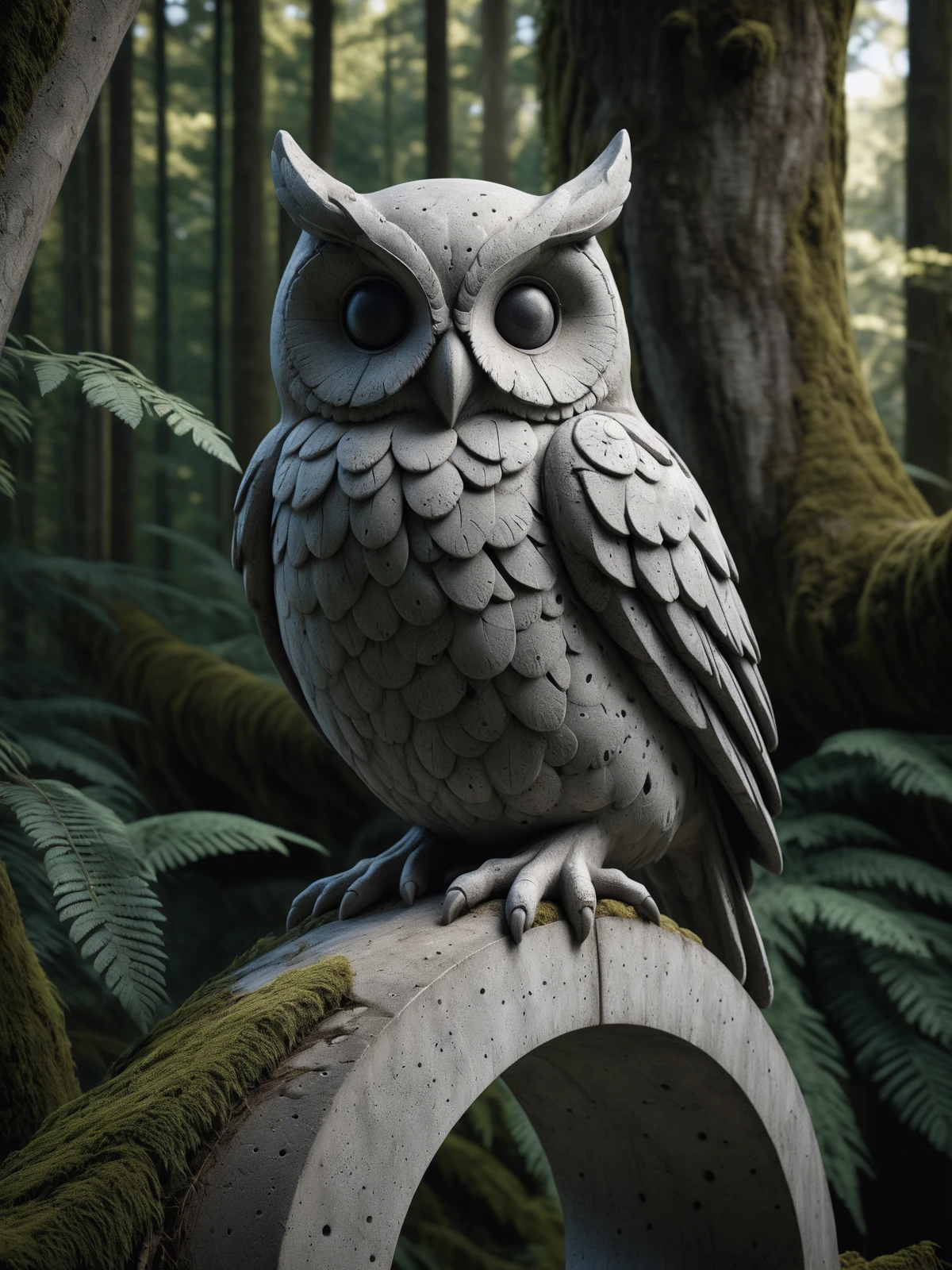 owl made of mad-concrete perched on branch, lush forest, godrays <lora:Concrete_Style_SDXL:0.7>, masterpiece, best quality, ultra high res, (photorealistic, realistic:1.2), deep shadow, raw photo, film grain, Fujifilm XT3, 8k uhd, dslr