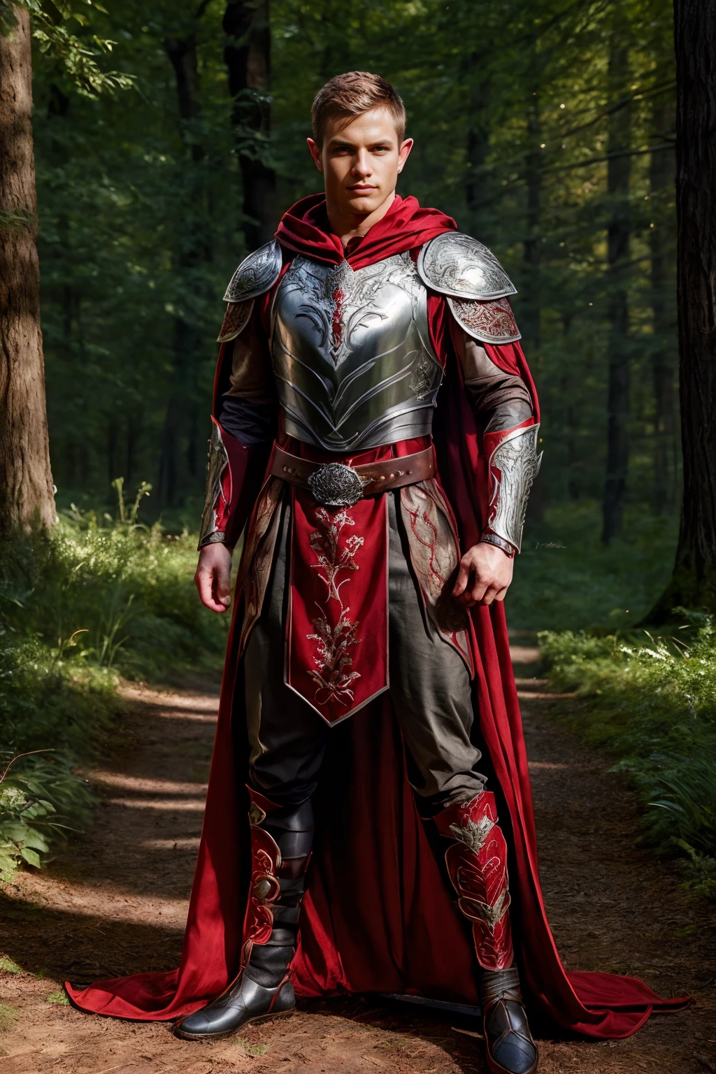 (full body), male focus, photo of BillyRubens, realism, forest background, dynamic pose, wearing intricate (carmine red and silver) armor, breastplate, belt, embroidered cloak, elar, <lora:BillyRubens:0.8> , heroic posing, relaxed natural expression, elar, <lora:ElvenArmor-10:0.6>, professional light, cinematic lighting, fashion photography, ambient lighting, <lora:add_detail:0.3>