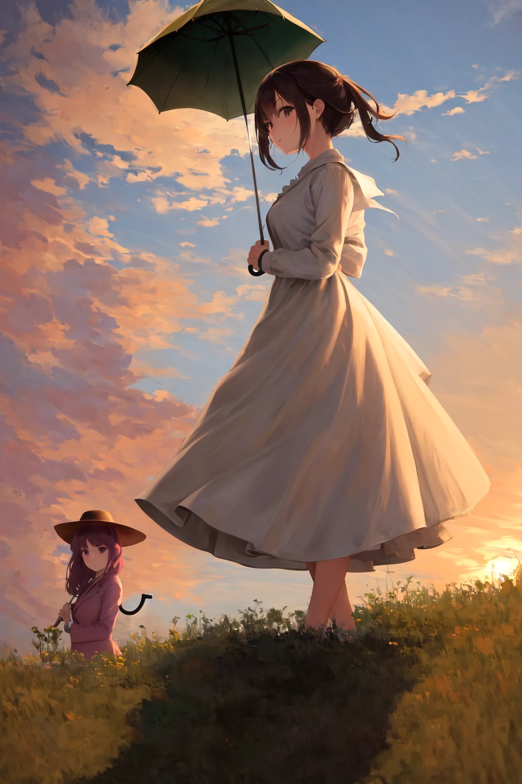 masterpiece, best quality, highres, woman with a parasol holding umbrella, 2girls, sunset
<lora:woman_with_a_parasol_parody:1>