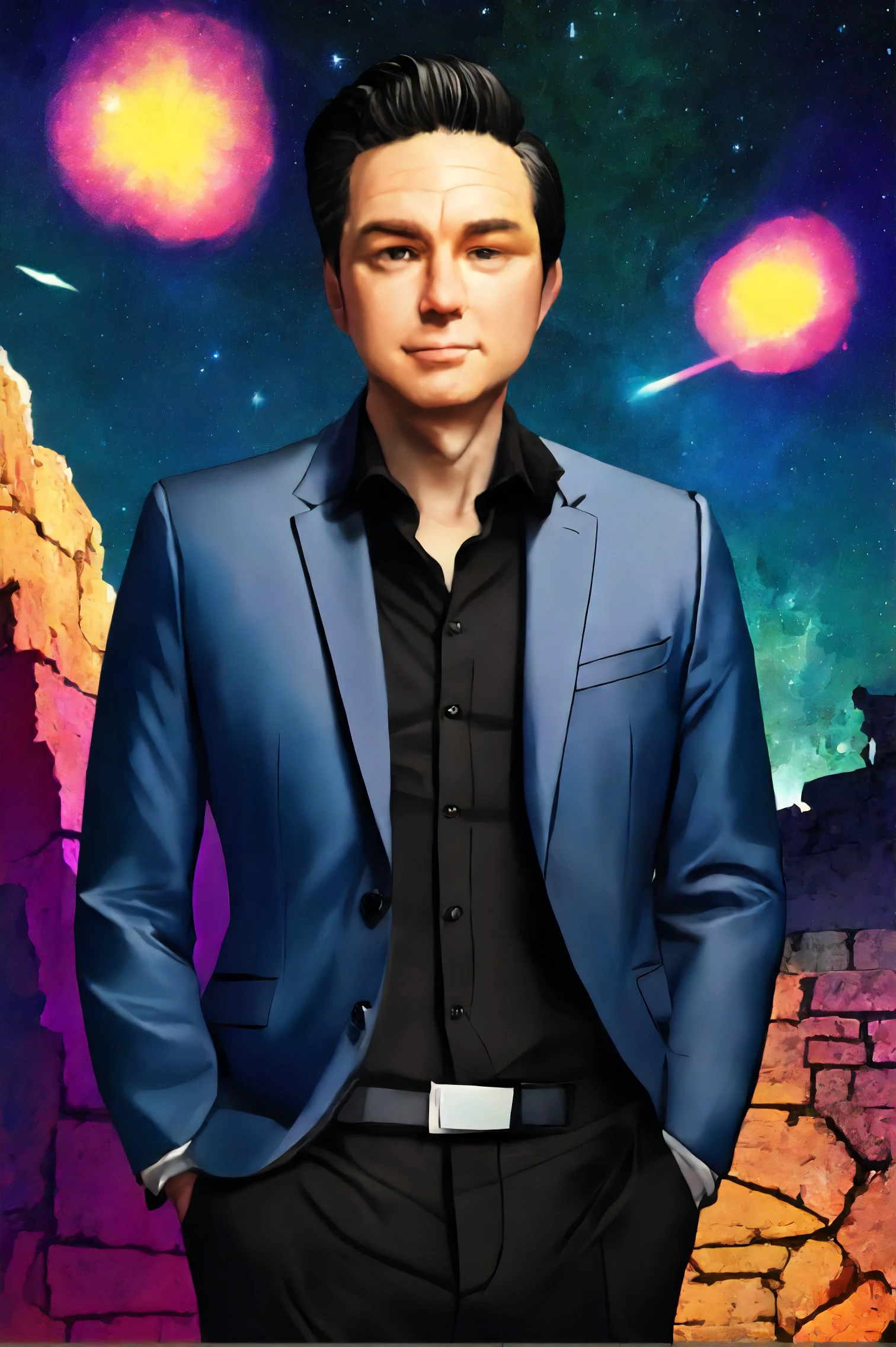 Pierre Poilievre face, ,male focus, black hair, shirt, formal, suit, collared shirt, white shirt, jacket
Ancient ruins under starry sky, cartoon, animation,
[(colorful explosion psychedelic paint colors:1.21)::0.2],
[cartoon, vector art, anime :realistic, real life, hyper realistic:0.4],
best quality, masterpiece, HDR, professional, studio quality, highres,
<lora:Pierre_Poilievre:1.0>