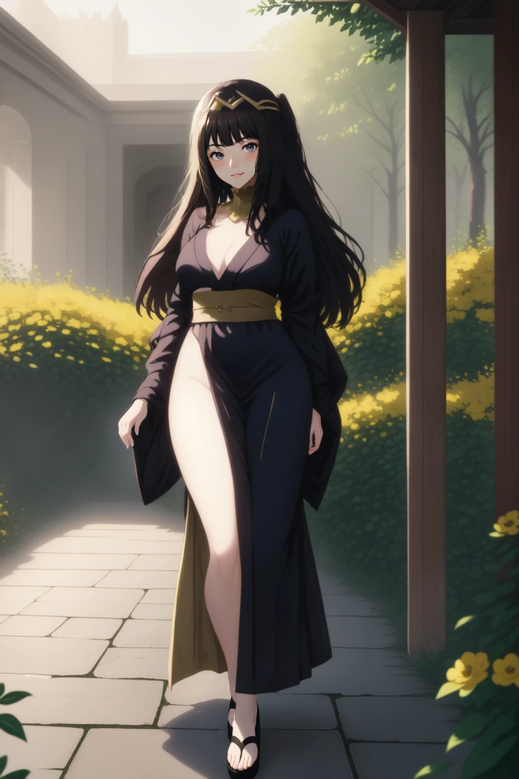 Tharja in a palace atrium, wearing a silk robe, pelvic curtain, surrounded by roses, shrubs, trees, wild flowers, black sandals, tiara
BREAK (HDR, raytracing, highest quality:1.3) <lora:Double_double:1>