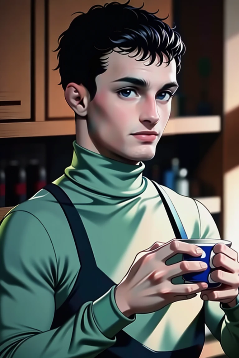 (masterpiece, best quality:1.2), man, smirk, (depth of field:1.1), photo of person, turtleneck shirt, apron, bara, kitchen,((medium shot:1.4)), holding cup of water, house, home kitchen, masterpiece, highness, perfect face, perfect picture, detailed eyes, sharp focus,High detailed view,<lora:EMS-293331-EMS:1.000000>