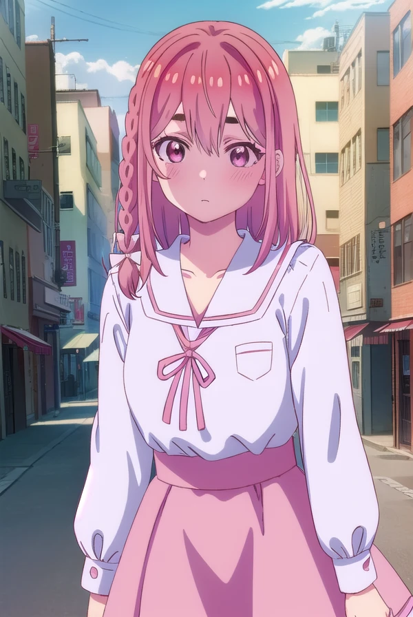 sumisakurasawa, <lora:sumi sakurasawa s1-lora-nochekaiser:1>,
sumi sakurasawa, bangs, (pink eyes:1.3), hair between eyes, pink hair, braid, hair bow, thick eyebrows,
BREAK skirt, shirt, long sleeves, bow, ribbon, school uniform, white shirt, serafuku, sailor collar, red ribbon, neck ribbon, red skirt, white sailor collar,
BREAK outdoors, cityscape, buildings, crowd, people,
BREAK looking at viewer, (cowboy shot:1.5),
BREAK <lyco:GoodHands-beta2:1>, (masterpiece:1.2), best quality, high resolution, unity 8k wallpaper, (illustration:0.8), (beautiful detailed eyes:1.6), extremely detailed face, perfect lighting, extremely detailed CG, (perfect hands, perfect anatomy),