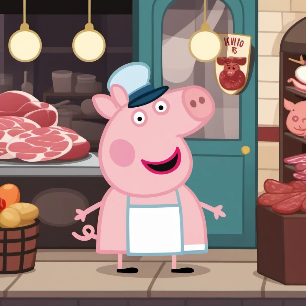 cinematic photo a cartoon pig dressed as a butcher, butcher's shop <lora:Peppa1024:0.8> . 35mm photograph, film, bokeh, professional, 4k, highly detailed