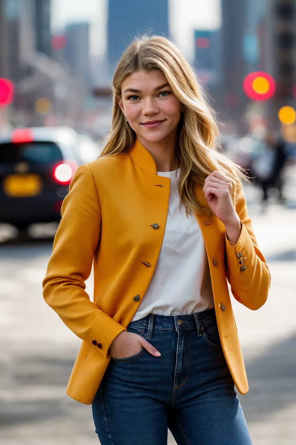 photo of (CTI_t3ssw3ster:0.9), a stunning woman, in a (city:1.1), wearing a (vermillion nehru jacket), (jeans), (cityscape), shallow depth of field, vignette, high budget Hollywood film, bokeh, cinemascope, epic, gorgeous, film grain