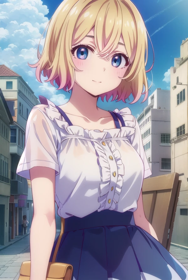 maminanami, <lora:mami nanami s1-lora-nochekaiser:1>,
mami nanami, short hair, blue eyes, blonde hair, hair between eyes, smile,
BREAK skirt, shirt, collarbone, white shirt, short sleeves, frills, shoes, socks, white socks, corset,
BREAK outdoors, cityscape, buildings, crowd, people, sun, sky, clouds,
BREAK looking at viewer, (cowboy shot:1.5),
BREAK <lyco:GoodHands-beta2:1>, (masterpiece:1.2), best quality, high resolution, unity 8k wallpaper, (illustration:0.8), (beautiful detailed eyes:1.6), extremely detailed face, perfect lighting, extremely detailed CG, (perfect hands, perfect anatomy),