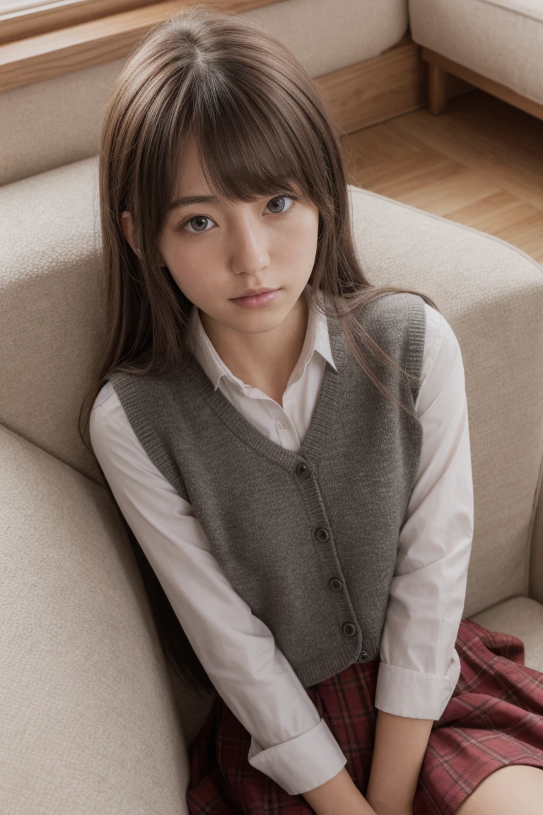 best quality, face focus, soft light, ultra high res, photorealistic, RAW photo, 1japanese girl, solo, cute, pupil, lights in the eyes, detailed beautiful face, small chest,high resolution detail of human skin texture, long hair, sit couch, school uniform, charcoal vest, skirt, upper thigh, <lora:detail:0.6>