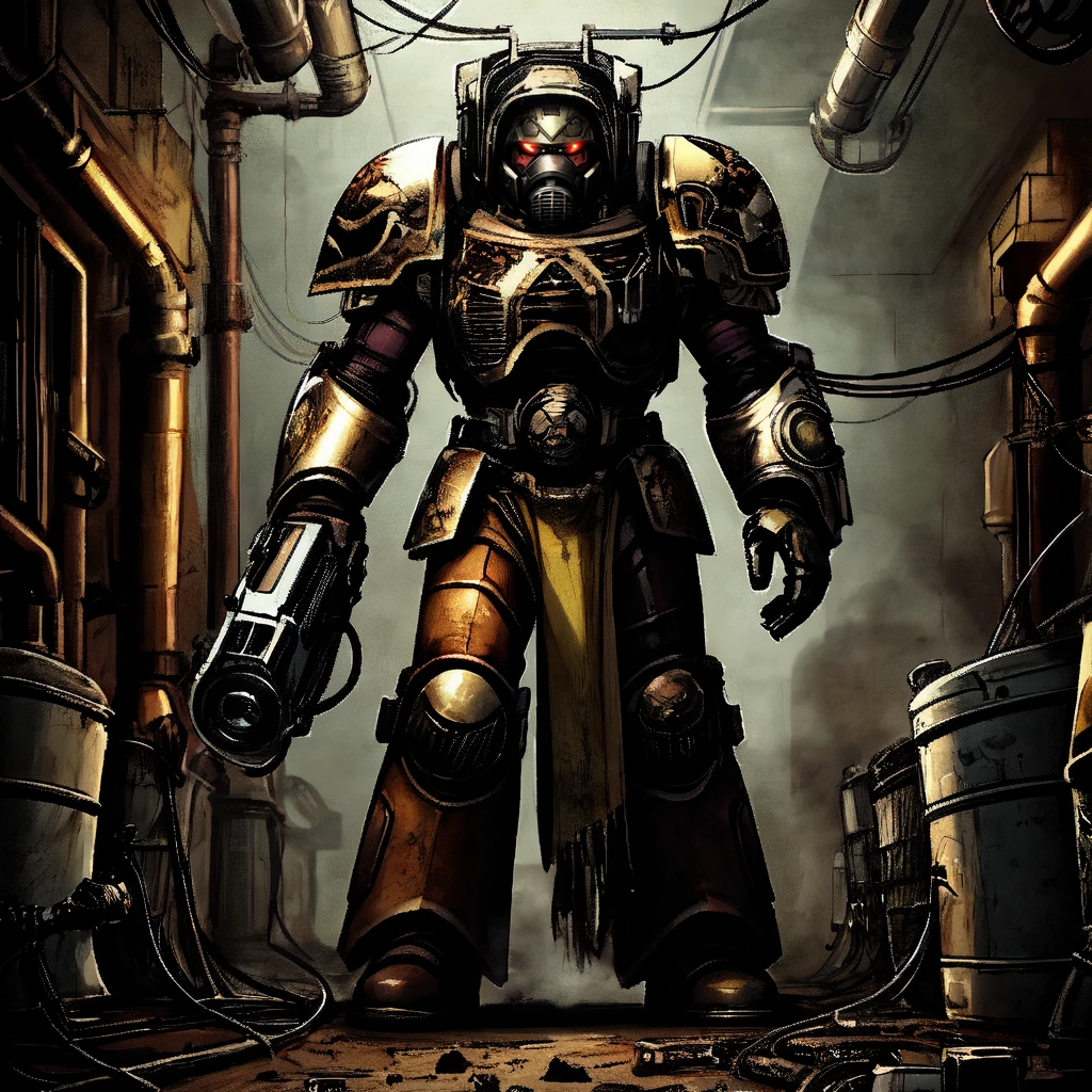 trmntr, solo, armor, gun, full body, helmet, red eyes, looking at viewer, pulp_comic, heavy_lines, hand_drawn, hand_inked, hand_colored, perfect_face, underhive, sewers, pipes, wires, ducts, steam, vents, toxic, mutants, scum, tunnels