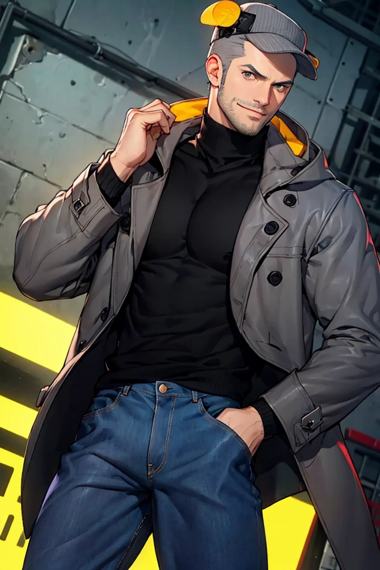 (1 image only), solo male, Munehisa Iwai, Persona, Asian, Japanese, Weapons Dealer, grey hair, short hair, stubble, grey eyes, sideburns, gray pin-striped hat, (yellow ear defenders), black turtleneck sweater, long gray coat, open coat, coat hood down, simple blue jeans, black leather boots, mature, masculine, handsome, charming, alluring, smile, perfect anatomy, perfect proportions, (best quality, masterpiece), (perfect eyes), high_resolution, dutch angle, [cowboy shot],<lora:EMS-305082-EMS:0.700000>