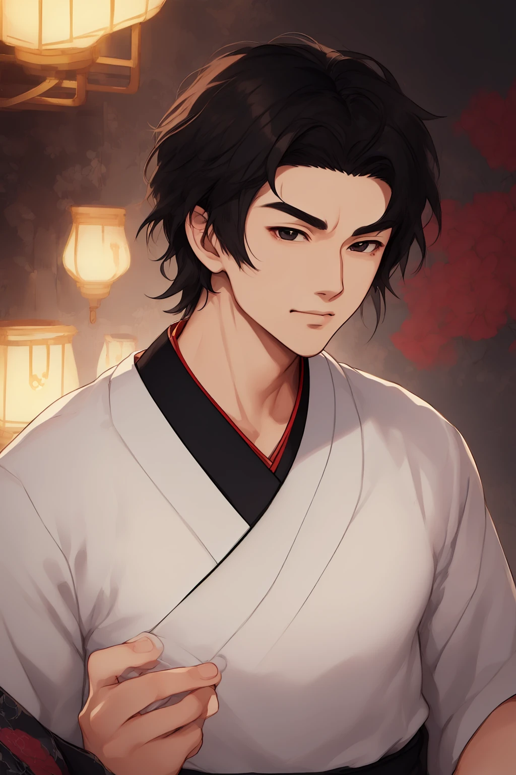 (masterpiece, best quality, ultra-detailed:1.33),(Japan anime style, Toon style:1.231),1boy,solo,Slim Asian boy,27-years-old male,handsome detailed face,solid eyes,black eyes,(Low Fade, traditional japanese -style fusion of modern style clothing:1.25),([Fresco lighting|Light painting|neon light|Fresnel lighting|Accent lighting]:1.1),(Smug:1.21),