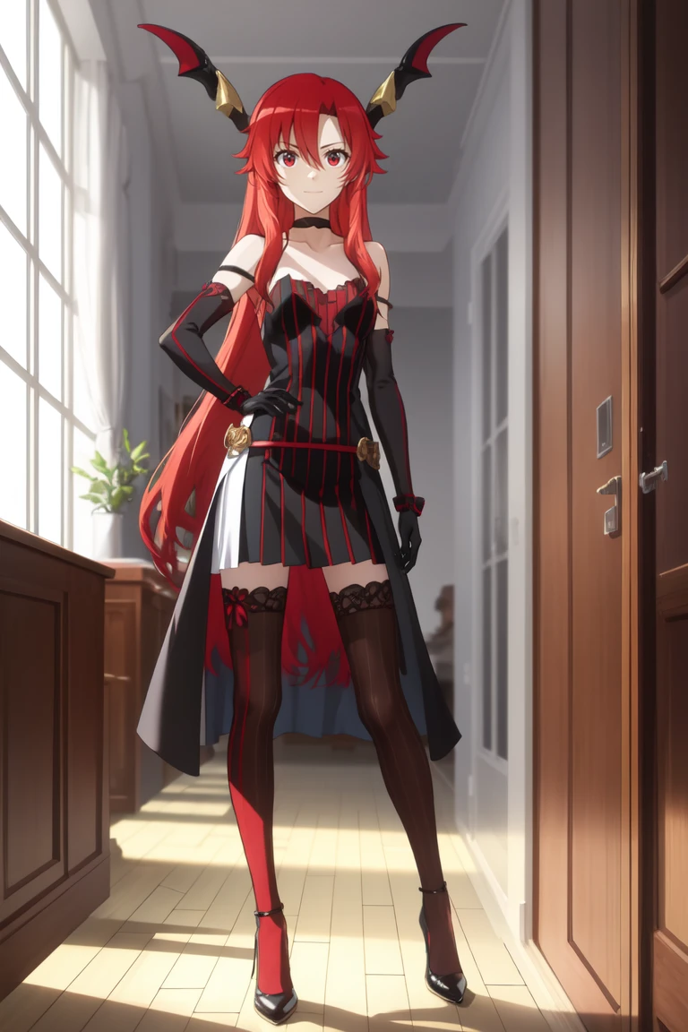 masterpiece, best quality, absurdres, portrait,  full body, 1girl, lisara <lora:Lisara Restall:0.8>, red hair, red eyes, hair between eyes, very long hair, (small breasts), (LisaraDe:1.25), (striped), elbow gloves, black thighhighs, black dress, black gloves, black heels, choker, (head wings:0.85), horns, bare shoulders, ,
BREAK  light smile, nice hands, perfect hands, <lora:GoodHands-beta2:0.8>, beaufitul hand, beautiful finger, indoors, (perfect anatomy),  [Cinematic lighting|Volumetric Lighting], looking at viewer