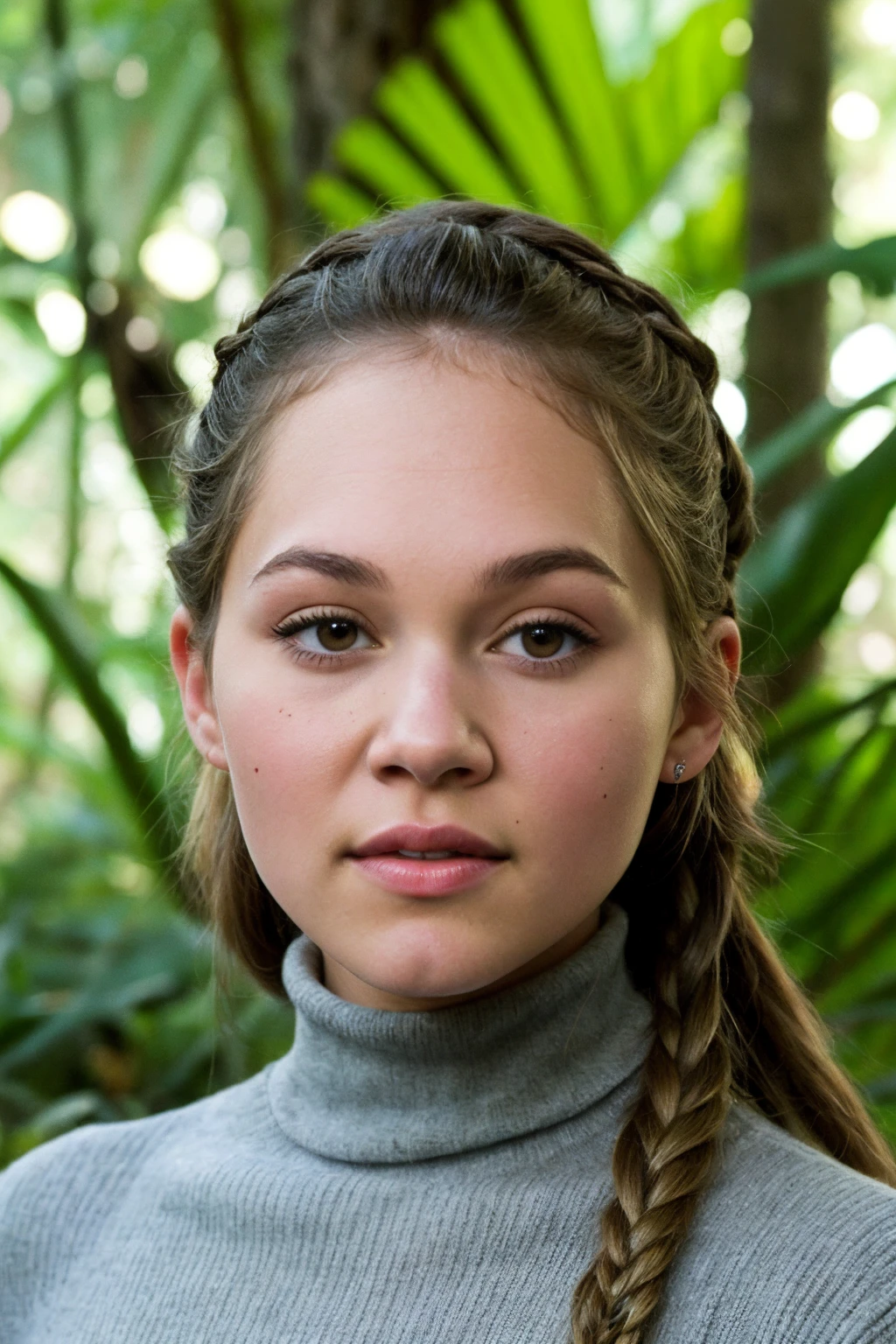 portrait of (CTI_burglund:0.95), a gorgeous young woman, in a (rainforest), wearing a (turtleneck:1.1), (marley twists), shallow depth of field, vignette, high budget Hollywood film, bokeh, cinemascope, epic, gorgeous, film grain