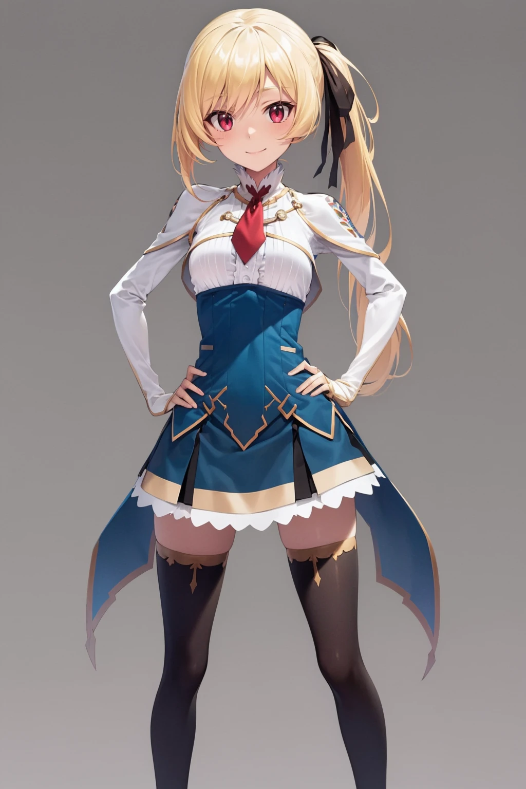 masterpiece, best quality,
1girl, lisesharte, blonde hair, ponytail, long hair, red eyes, hair ribbon, white shirt, necktie, long slives, skirt, black thighhighs, zettai ryouiki,
hands on hips, smile, full body, standing, solo, looking at viewer, simple background, solid grey background <lora:LisesharteAtismata:1>