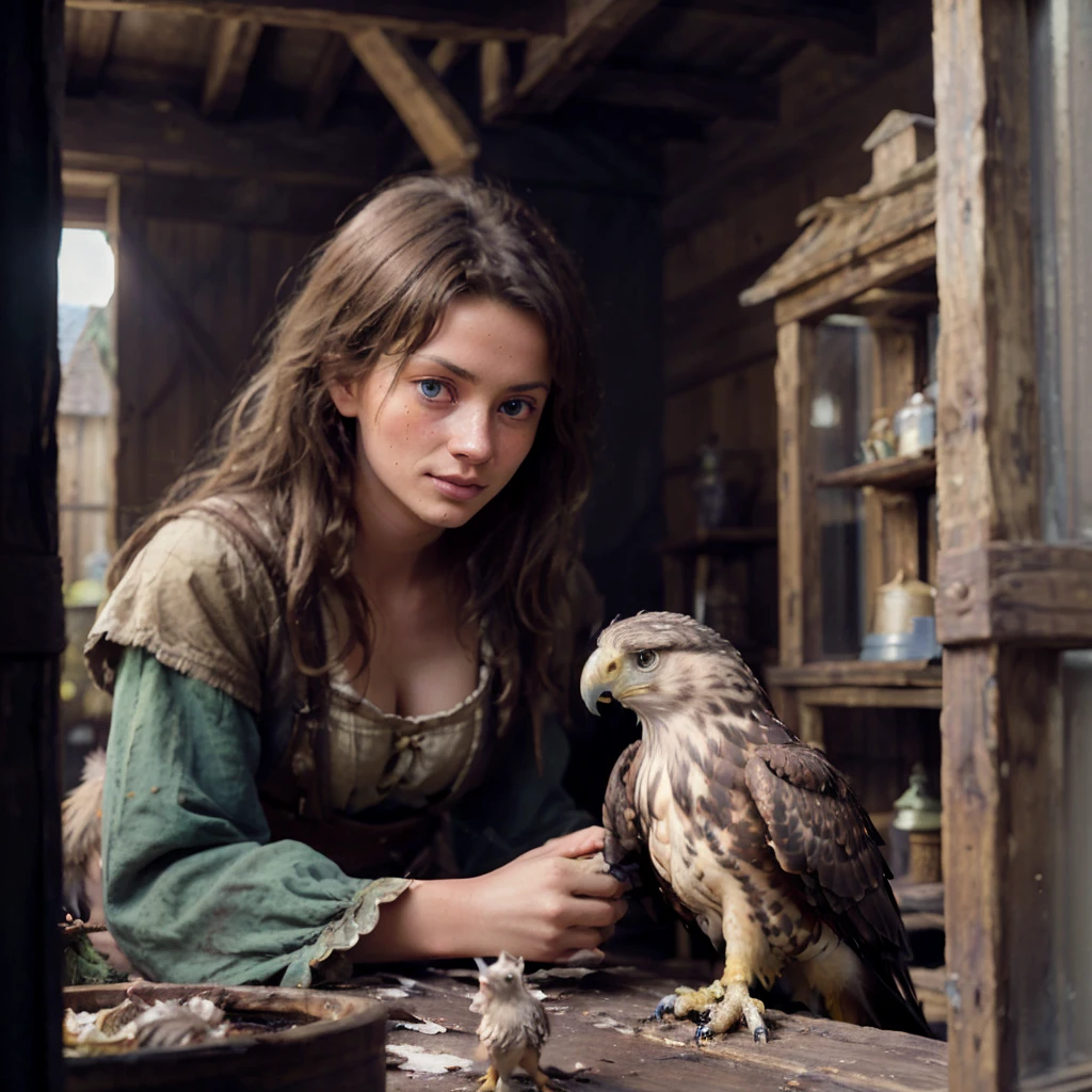 

detailed photograph of 30 year old, animal-trainer with a pet hawk.
wearing peasant clothes.
messy hair,
blue eyes.

in a medieval pet shop, cages, rope, candles, animals,


realistic:1.1, depth of field

32k uhd, 


natural light,
(god rays):1.1,
sunny day,





