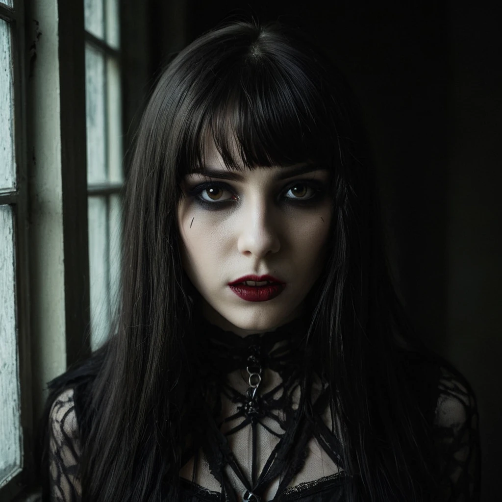 (Gothic horror science fiction style:1.5) (very close shot, zoomed-in face portrait:1.5) photo of a smirking, (closed mouth:1.5) ecstatic shy slender (emo:1.1) 20 year old (Guinea:1.1) young woman with long brunette hair, brown eyes, (makeup, eyeliner, eyeshadow, lipstick:0.9), (pores:0.5), (goosebumps:0.5), (film grain:0.9).
She is in a (gothic horror scifi:1.1) bedroom, bathroom visible through window, (dark:1.1), (dim:1.1), (gloomy:1.1), midnight, foggy.
detailed skin texture, detailed cloth texture, detailed face, (intricate sharp details:1.1), ultra high res
