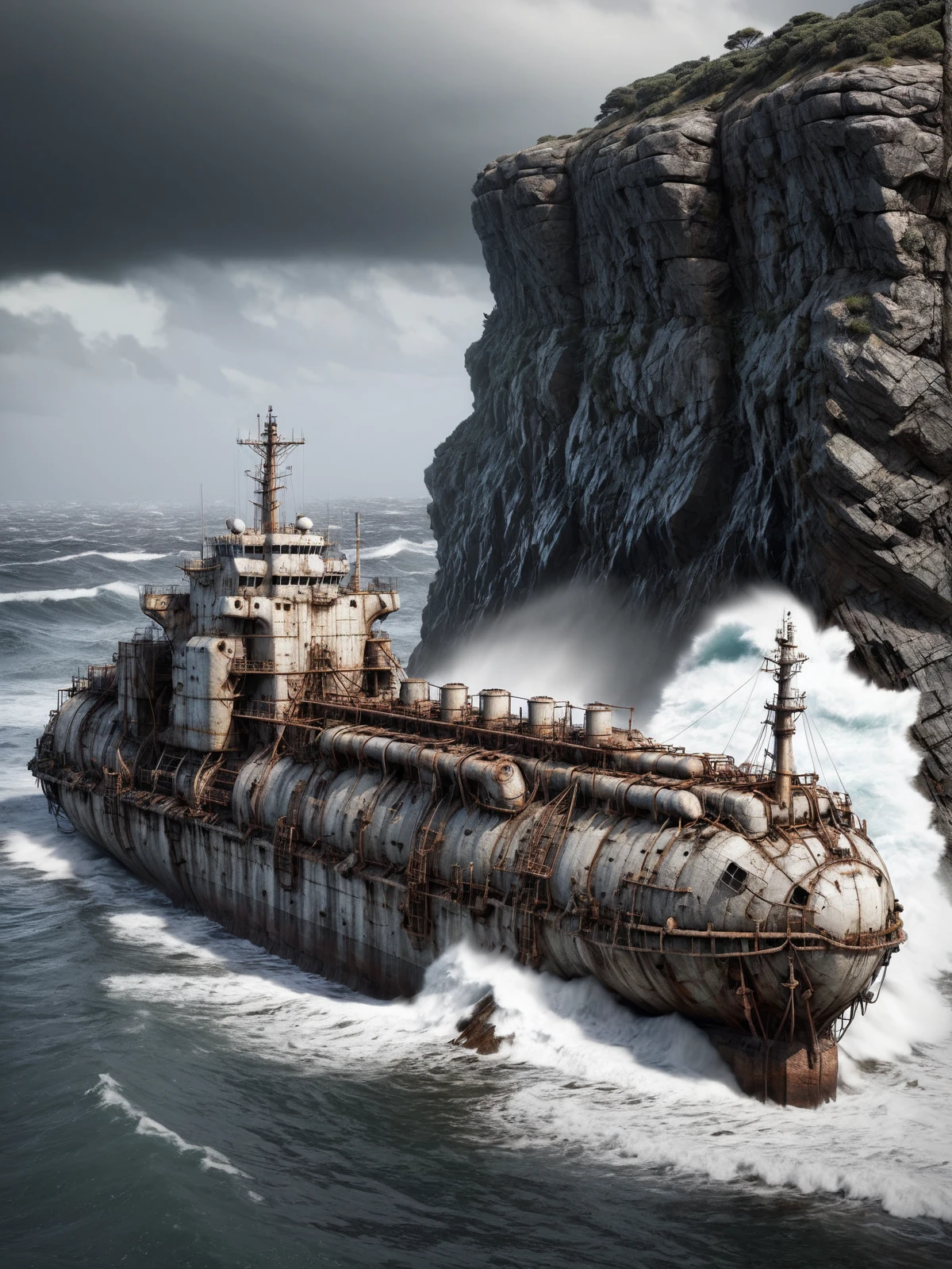 derelict tanker made of mad-rnfcnct stranded on rock, shore, cliff, stormy ocean,   <lora:Derilict_Concret_SDXL:0.9>, (masterpiece:1.2), best quality, (hyperdetailed, highest detailed:1.2), high resolution textures