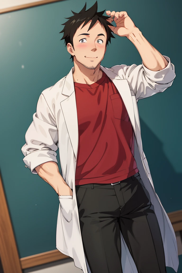 (1 image only), solo male, Tetsuo Takahashi, Demi-chan wa Kataritai, anime, 2d, flat, Asian ,Japanese, biology teacher, tall, black hair, short hair, spiked hair, stubble, black eyes, sideburns, red t-shirt, white labcoat, sleeves rolled up, black pants, black shoes, mature, masculine, handsome, charming, alluring, smile, blush, 1 hand in pocket, 1 hand behind head, perfect anatomy, perfect proportions, best quality, masterpiece high_resolution, dutch angle, cowboy shot, school lab,Tetsuo Takahashi,1boy,<lora:EMS-305836-EMS:0.800000>