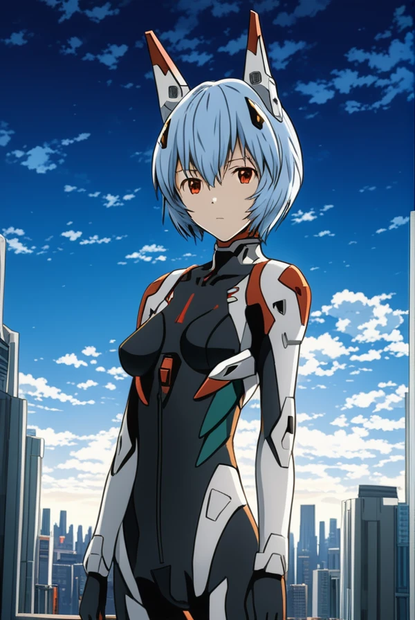 masterpiece, best quality, highres, 4k, 8k, intricate detail, cinematic lighting, amazing quality, amazing shading, soft lighting, Detailed Illustration, anime style,
reiayanami, <lora:rei_ayanami_rebuild-sdxl-lora-nochekaiser:0.75>, 
rei ayanami, blue hair, short hair, red eyes,
bodysuit, headgear, plugsuit, black bodysuit, outdoors, cityscape, sun, sky, clouds, 
looking at viewer, full body,