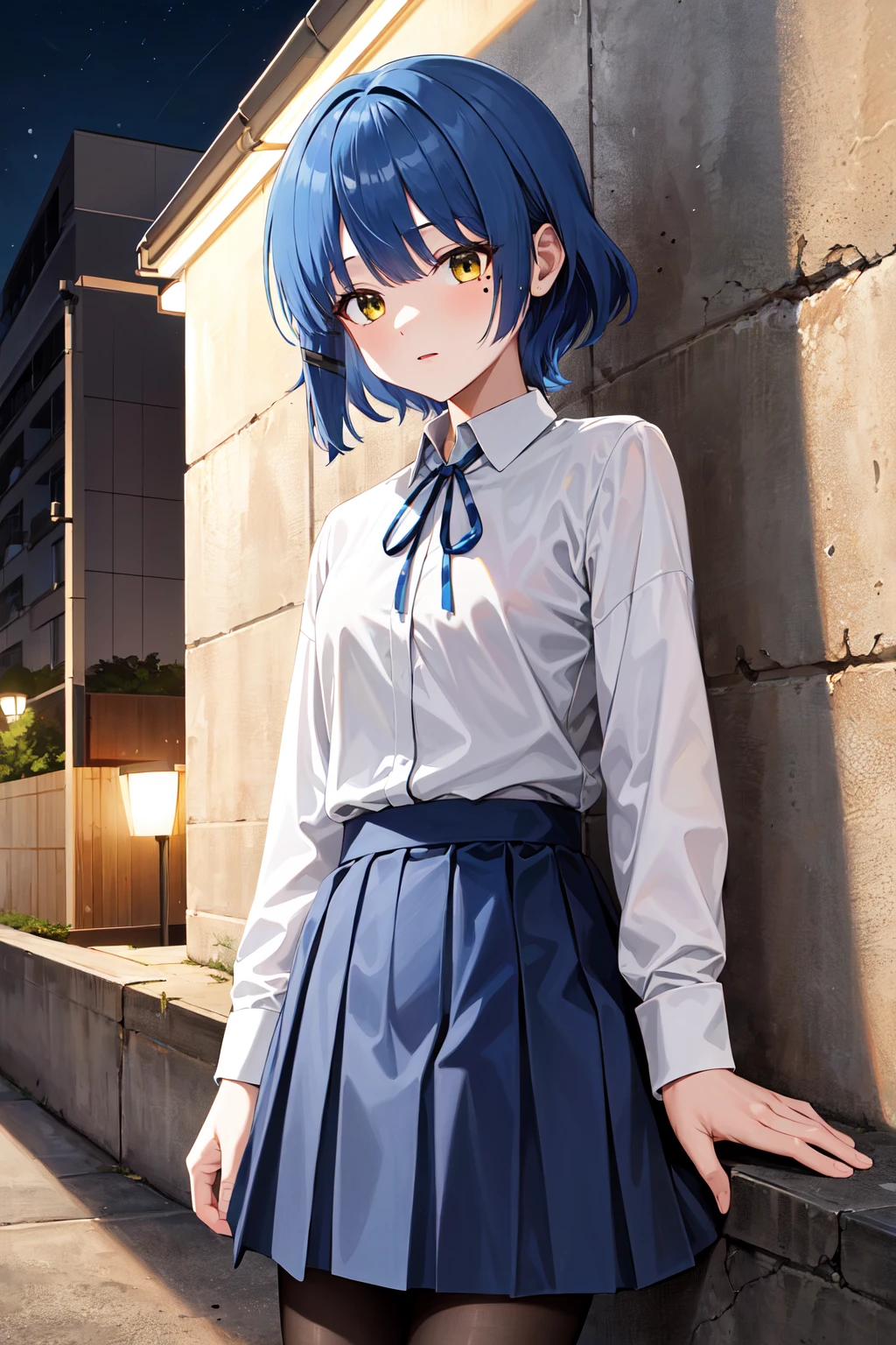 masterpiece, best quality, highres, aaryo, short hair, hair ornament, mole under eye, neck ribbon, collared shirt, (white shirt:1.2), long sleeves, pleated skirt, blue skirt, black pantyhose, <lora:yamada_ryo_v1:0.7>, (night:1.2), street, leaning wall, wall,