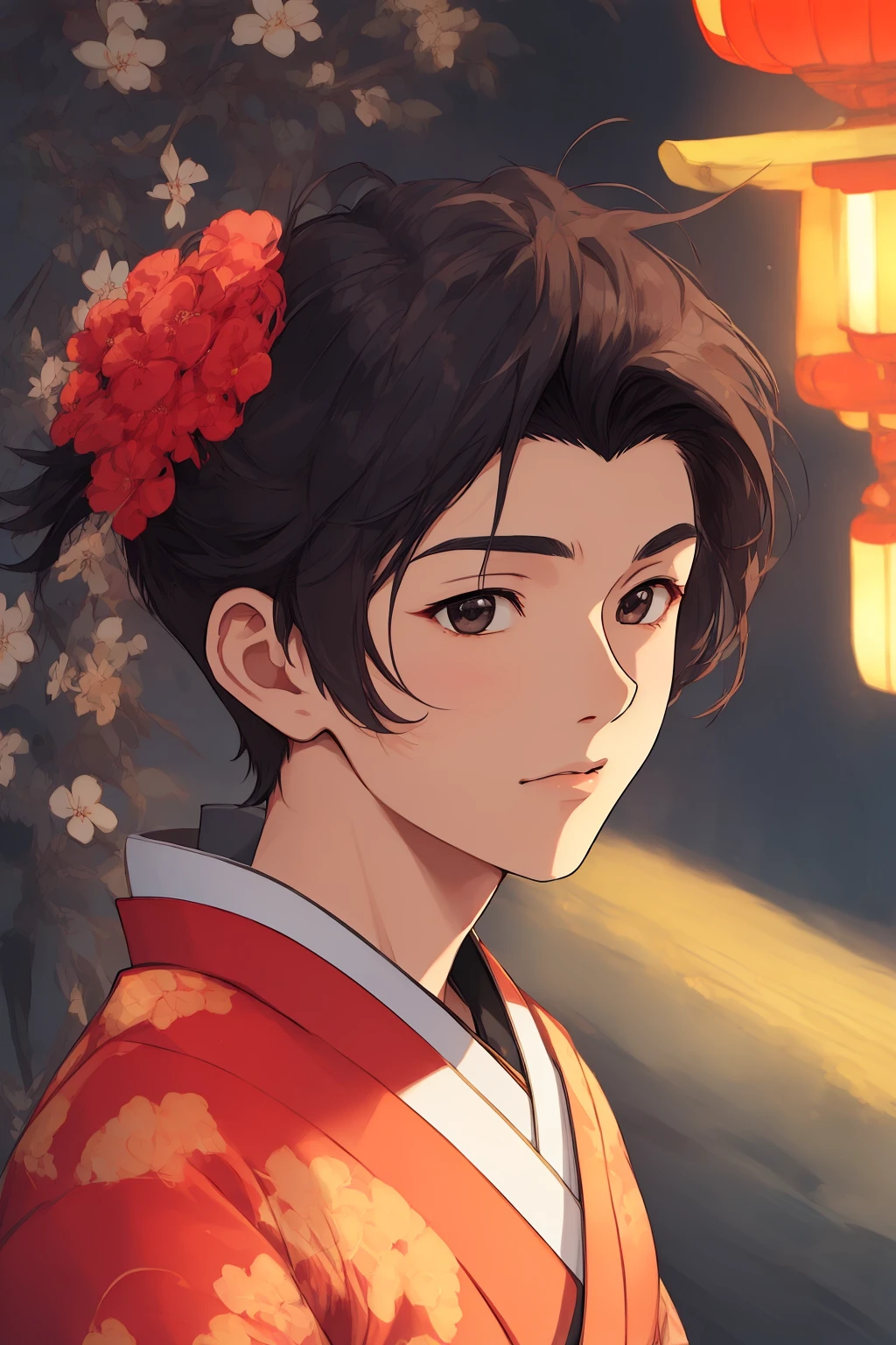 (((masterpiece,best quality,ultra-detailed))),((Japan anime style, Toon style:1.231)),1boy,solo,Slim Asian boy,27-years-old male,handsome detailed face,solid eyes,black eyes,(Quiff Haircut,traditional japanese -style fusion of modern style clothing:1.25),([Fresco lighting|Specular lighting|Soft illuminaotion|Neon lighting|Shelf lighting]),