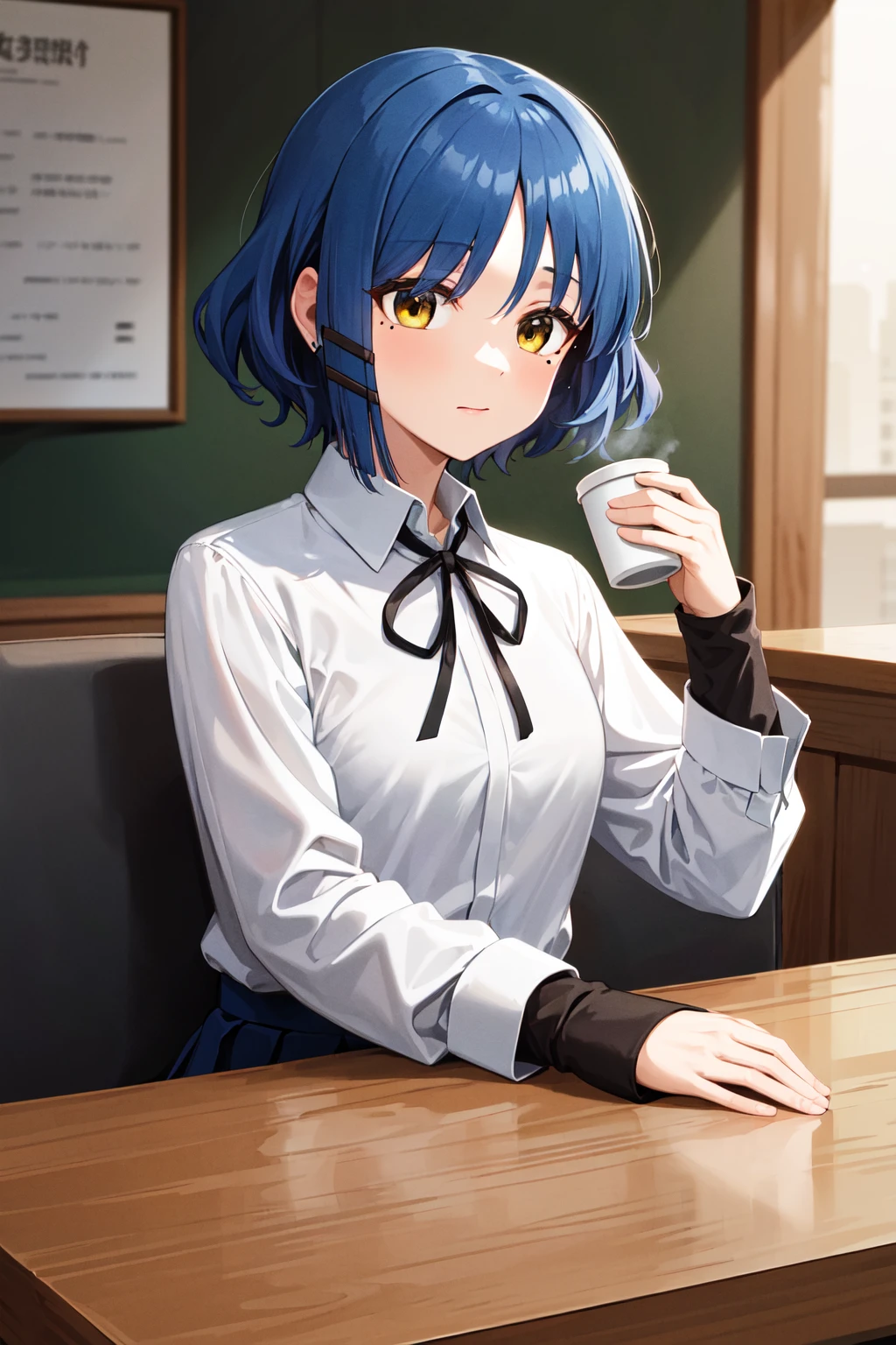 masterpiece, best quality, highres, aaryo, short hair, hair ornament, mole under eye, neck ribbon, collared shirt, (white shirt:1.2), long sleeves, pleated skirt, blue skirt, black pantyhose, <lora:yamada_ryo_v1:0.7>, sitting, indoors, cafe, table, holding cup, coffee,