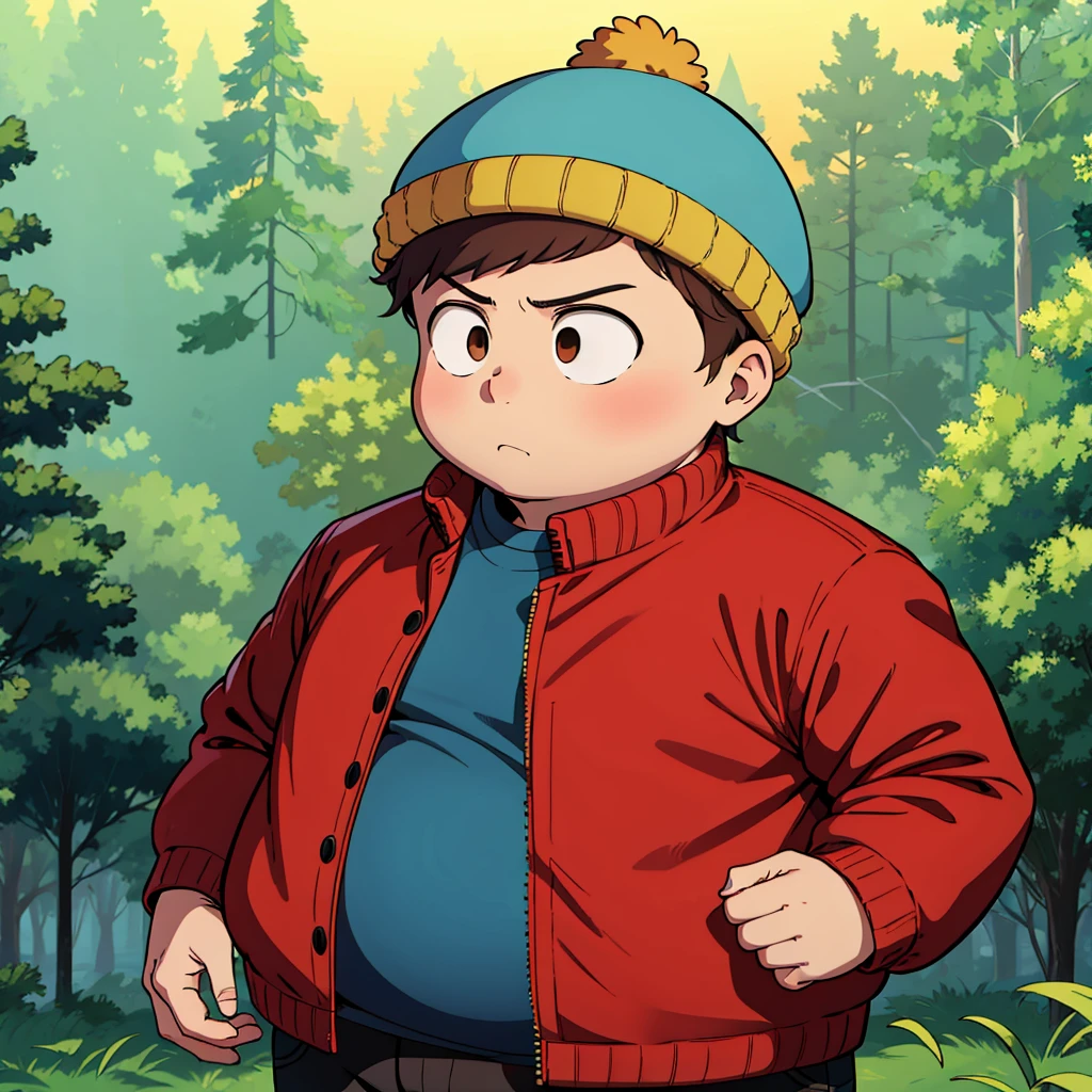 1boy, solo,   Eric Cartman,  short hair,  brown hair, 1boy, hat,  brown eyes, red jacket, blue beanie, fat, child,   <lora:Eric_Cartman_Leaf2-any:0.6>, cowboy shot,  forest