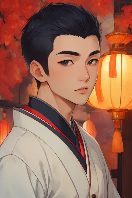 (((masterpiece,best quality,ultra-detailed))),1boy,solo,Slim Asian boy,27-years-old male,handsome detailed face,solid eyes,black eyes,(Buzz Cut,traditional japanese -style fusion of modern style clothing:1.25),