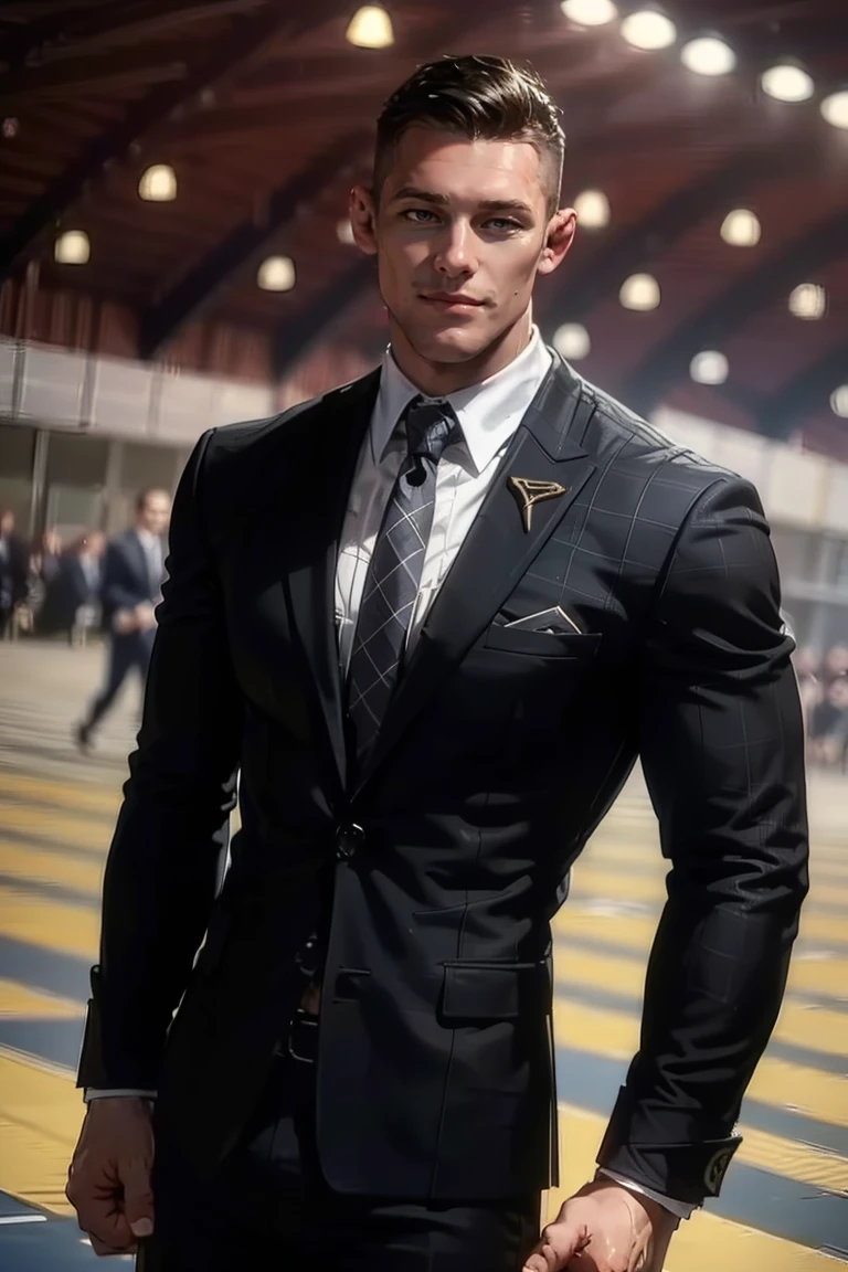 photo of person, man, smirk, (muscular), parking lot, dress shirt, pants, suit, work clothes, looking to viewer, cinematic lighting, detailed face, detailed eyes, masterpiece, high_res, perfect face,<lora:EMS-293388-EMS:1.000000>