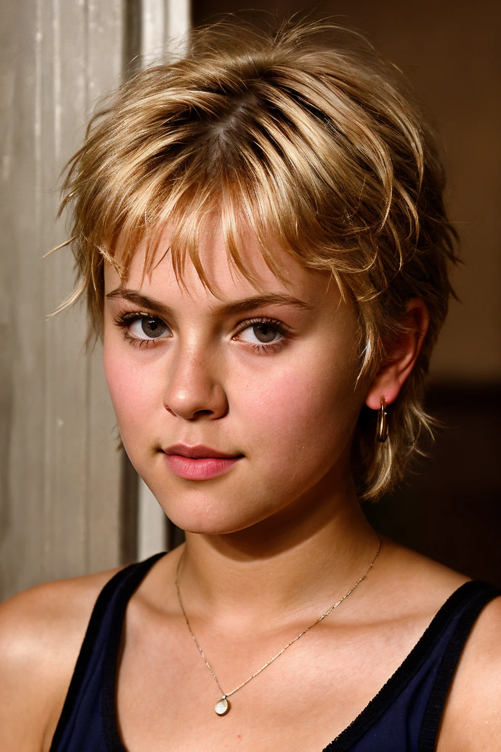 CTI_simon3walrav3n, 80s closeup headshot, attractive woman, realistic eyes, postpunk, (Dutch style), short hair, detailed eyes, (seductive), (looking at viewer), jewelry, (cinematic shot:1.3)