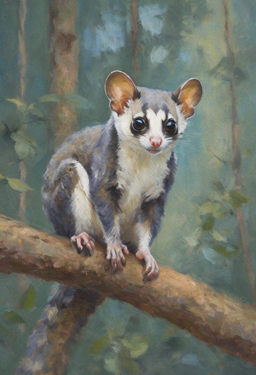 impressionist painting of an adorable sugar glider in the upper branches of its forest