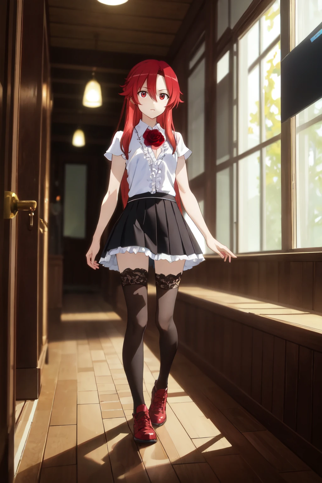 masterpiece, best quality, absurdres, portrait,  full body, 1girl, lisara <lora:Lisara Restall:0.8>, red hair, red eyes, hair between eyes, very long hair, (small breasts), (LisaraNr:1.3), ((white shirt, frilled skirt, black skirt, short skirt)), bare arms, bare hand, black thighhighs, red rose, red flower, BREAK  nice hands, perfect hands, <lora:GoodHands-beta2:0.8>, beaufitul hand, beautiful finger, Hiking trails, (perfect anatomy),  [Cinematic lighting|Volumetric Lighting],