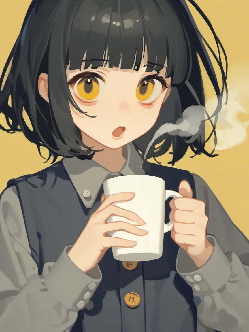 ciloranko,tianliang duohe fangdongye,1girl, :o, bags under eyes, black hair, blowing, blunt bangs, buttons, cup, grey shirt, holding, holding cup, long sleeves, looking at viewer, medium hair, mug, open mouth, shirt, steam, upper body, yellow eyes