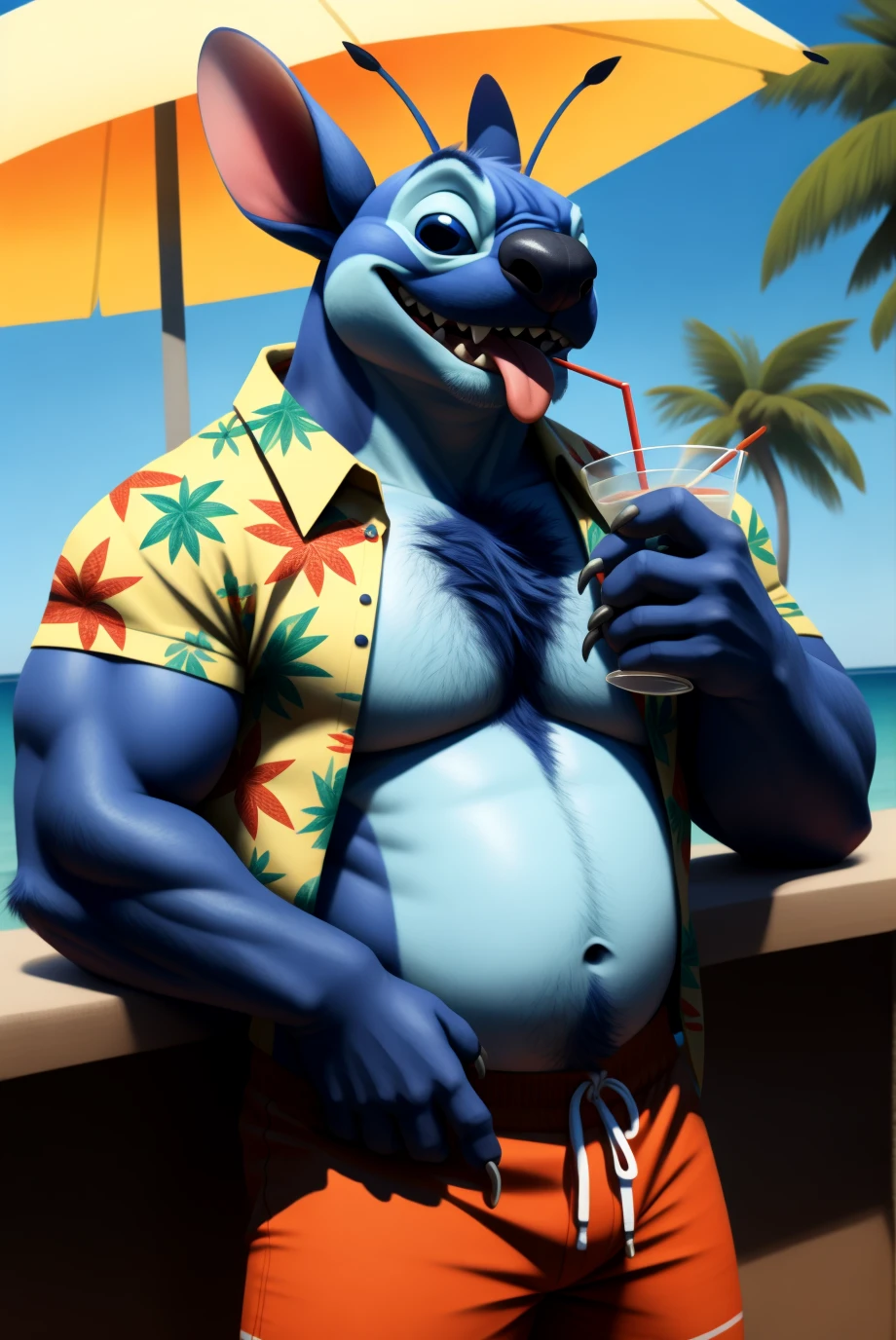 solo, male, himbo_stitch, stitch \(lilo and stitch\), tail, short tail, dipstick antennae, blue fur, blue body, tongue, swimming trunks, aloha shirt, open shirt, floral pattern, claws, muscular male, huge pecs, belly, grin, teeth, sharp teeth, tongue out, half-closed eyes, chest tuft, masterpiece, extreme detail, hands on hips, sitting, tiki bar, palm tree, chest hair, holding beverage, cocktail umbrella, drinking straw, outside