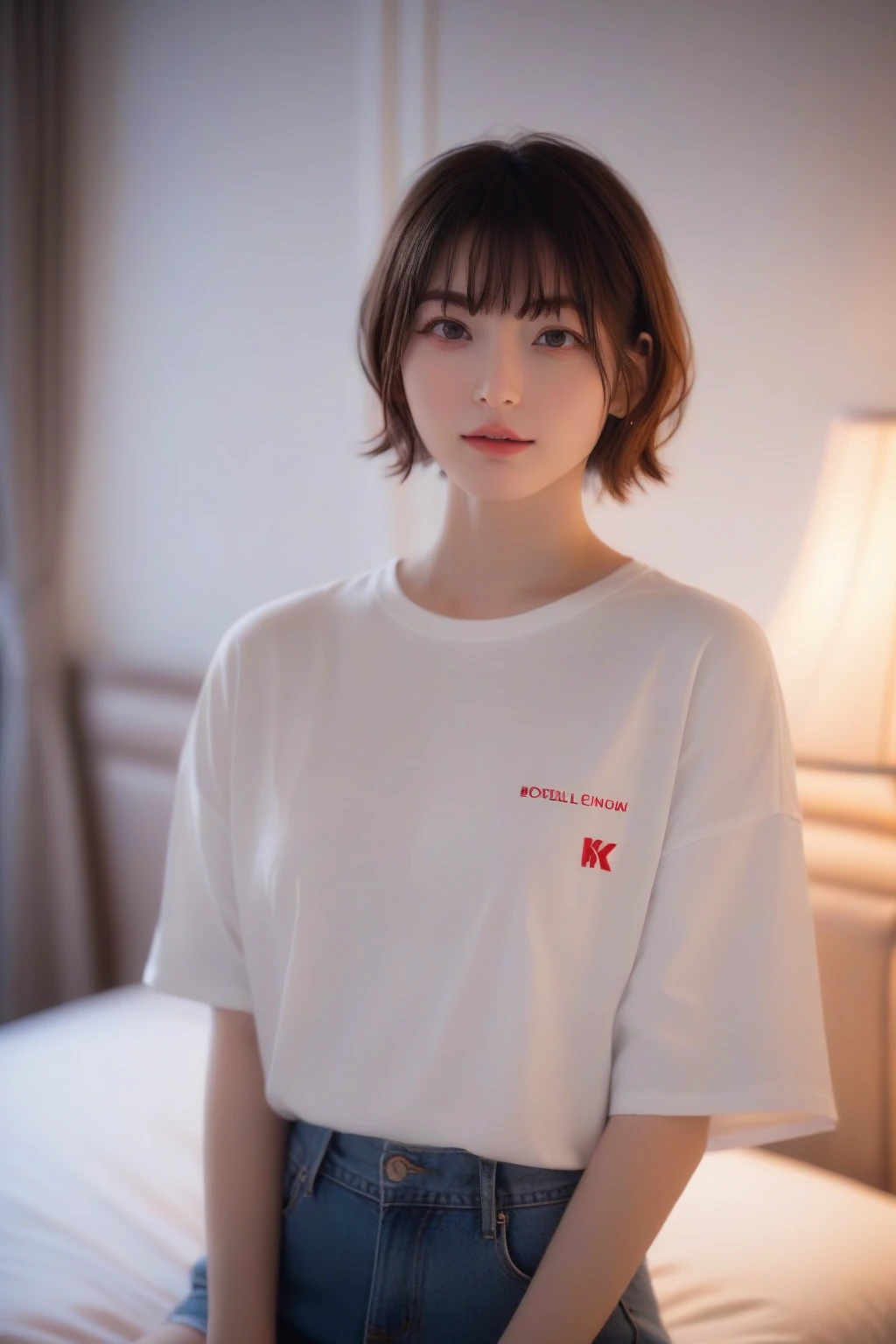 1girl,(RAW photo, best quality), (realistic, photo-realistic:1.4), masterpiece, an extremely delicate and beautiful, extremely detailed, 2k wallpaper, Amazing, finely detail, extremely detailed CG unity 8k wallpaper, ultra-detailed, highres, hard light, beautiful detailed girl, extremely detailed eyes and face, beautiful detailed nose, beautiful detailed eyes,cinematic lighting,
in a hotel room,(bokeh:1.2),wearing oversize tshirt and jeans,moonlight
<lora:MTAHanazawaKanaXL:1>,short hair,big breasts