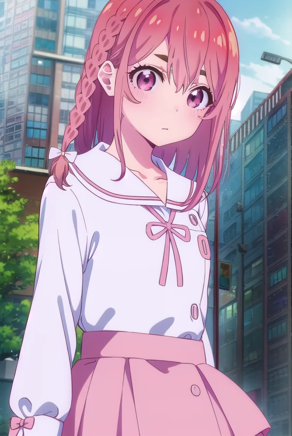 sumisakurasawa, <lora:sumi sakurasawa s1-lora-nochekaiser:1>,
sumi sakurasawa, bangs, (pink eyes:1.3), hair between eyes, pink hair, braid, hair bow, thick eyebrows,
BREAK skirt, shirt, long sleeves, bow, ribbon, school uniform, white shirt, serafuku, sailor collar, red ribbon, neck ribbon, red skirt, white sailor collar,
BREAK outdoors, cityscape, buildings, crowd, people,
BREAK looking at viewer, (cowboy shot:1.5),
BREAK <lyco:GoodHands-beta2:1>, (masterpiece:1.2), best quality, high resolution, unity 8k wallpaper, (illustration:0.8), (beautiful detailed eyes:1.6), extremely detailed face, perfect lighting, extremely detailed CG, (perfect hands, perfect anatomy),