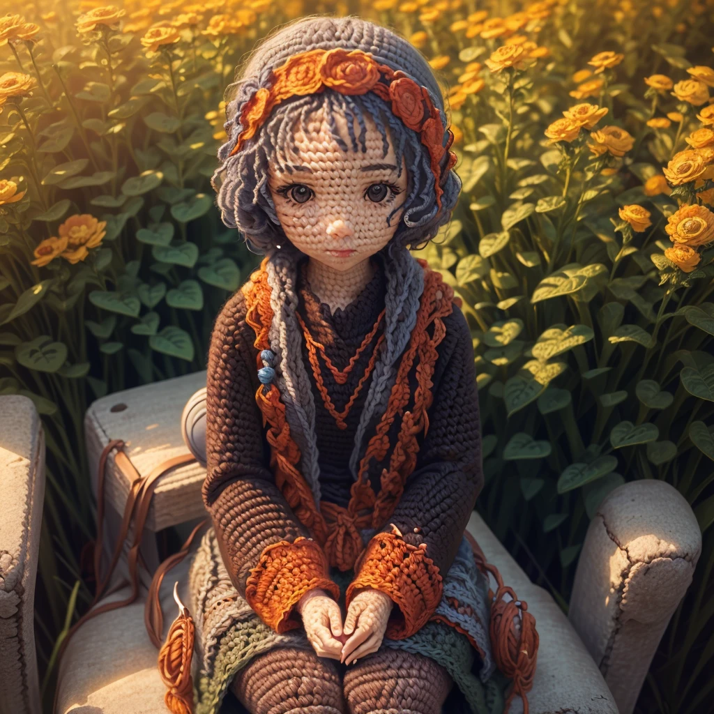 crochet figures,1 girl,(solo:1.4),sit on bench,in a scene of pure kindness,colors blend and greet,<lora:knitting:1>,