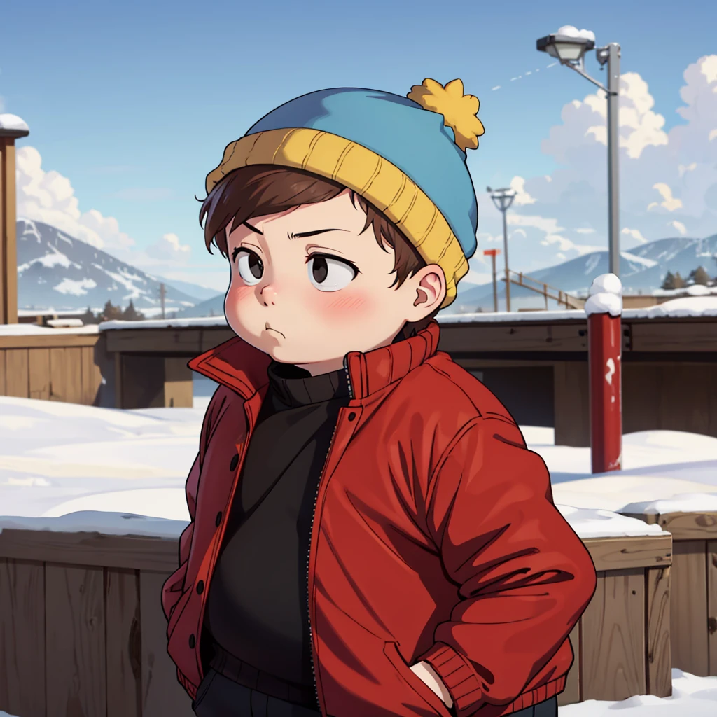 1boy, solo,   Eric Cartman,  short hair,  brown hair, hat,  black eyes, closed jacket,  red jacket, beanie, fat, child,   <lora:Eric_Cartman_Leaf1:0.6>, cowboy shot,