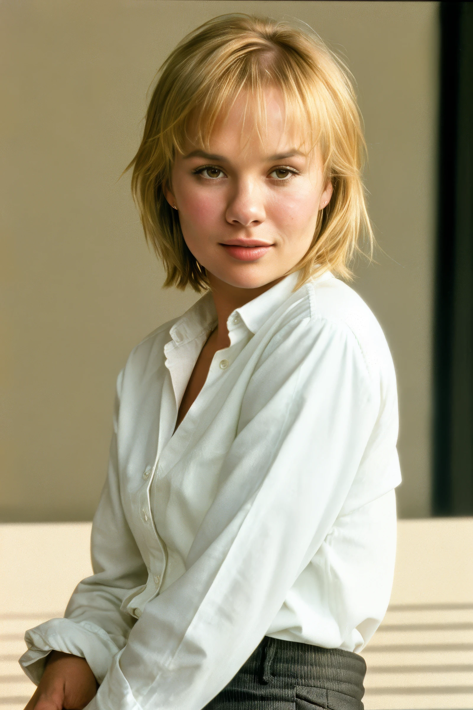 closeup headshot of (CTI_moniqu3vand3v3n:0.99), (blouse and trousers), flirtatious expression, (short blonde hair), black-eyeshadow, (beautiful natural soft light), shallow depth of field, vignette, epic, gorgeous, film grain