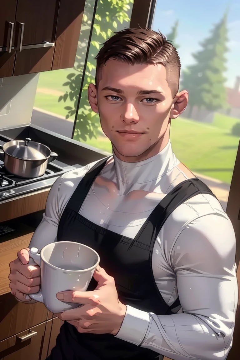 (masterpiece, best quality:1.2), man, smirk, (depth of field:1.1), photo of person, turtleneck shirt, apron, bara, kitchen,((medium shot:1.4)), holding cup of water, house, home kitchen, masterpiece, highness, perfect face, perfect picture, detailed eyes, sharp focus,High detailed view,<lora:EMS-293388-EMS:0.920000>