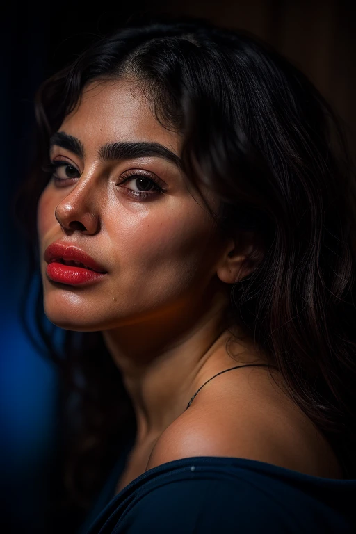 DEN_maya_abou_rouphael,
(headshot:1.2) portrait on a (plain dark background:1.2), (headshot:1.2), (face focus:1.1), intricate (beautiful eyes:1.2), (wide open eyes:1.1), Big eyes, clean photo, lighting from behind, (Red lighting from the left:1.3), (Blue lighting from the right:1.3),
detailed, skin pores, textured, high resolution, immaculate, 8k, raw, photorealistic, real, f1.4, bokeh, slr, <lora:detail_slider_v4:1> <lora:epi_noiseoffset2:1> <lora:ClothingAdjuster3:-1.3>