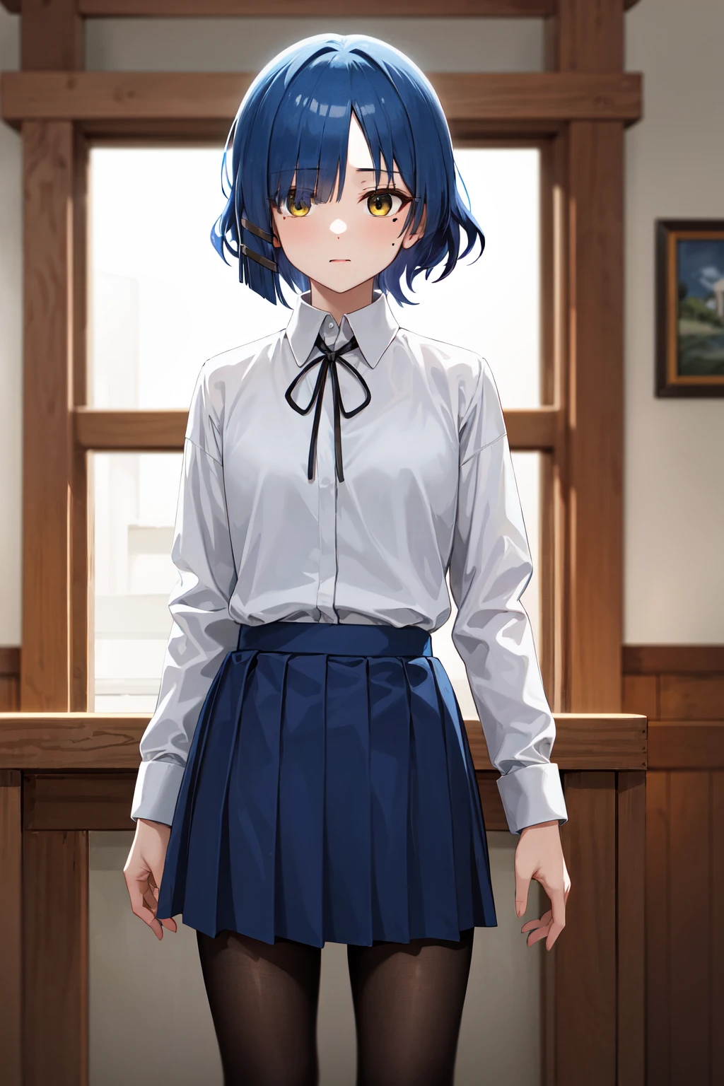 masterpiece, best quality, highres, aaryo, short hair, hair ornament, mole under eye, neck ribbon, collared shirt, (white shirt:1.2), long sleeves, pleated skirt, blue skirt, black pantyhose, <lora:yamada_ryo_v1:0.7>, indoors, standing, cowboy shot,