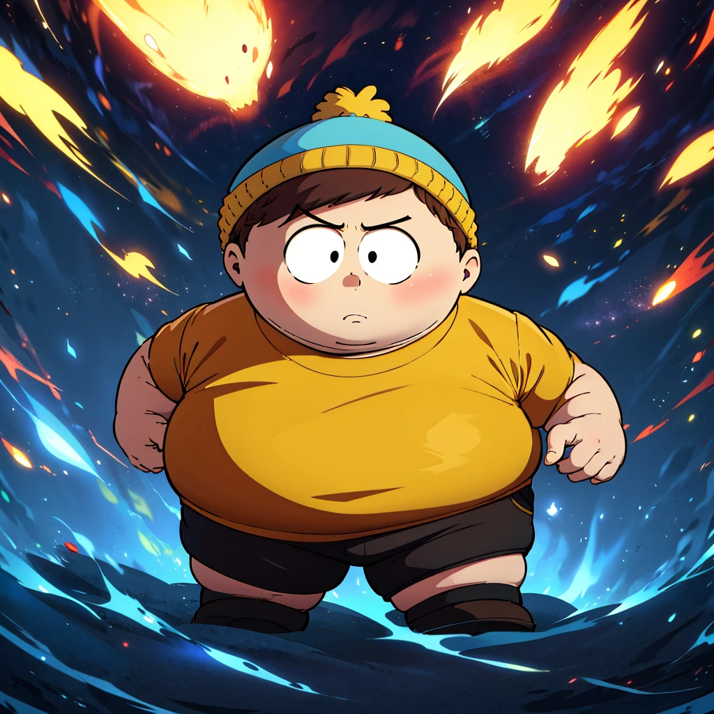 1boy, solo,   Eric Cartman,  short hair,  brown hair, 1boy, hat,  black eyes, yellow shirt, black shorts, blue beanie, fat, child,   <lora:Eric_Cartman_Leaf2-any:0.8>, full body,