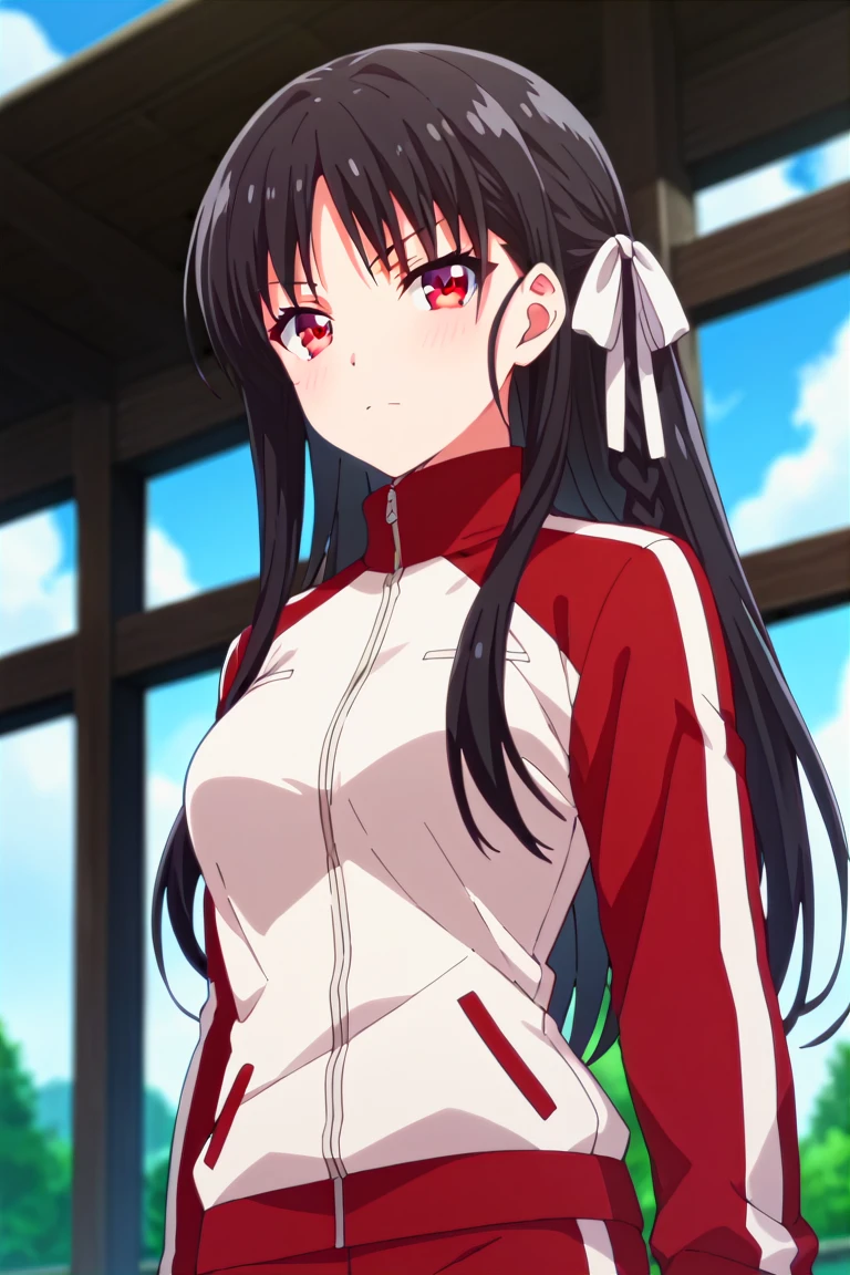 score_9, score_8_up, score_7_up, score_6_up, score_5_up, score_4_up, rating_questionable, , source_anime, digital illustration, pixiv, fanbox, uncensored, , BREAK, official art,
1girl, solo, female, horikita suzune, black hair, long hair, red eyes, hair ribbon, anime screencap,
tracksuit, red tracksuit, outdoors, ,, blush, looking at viewer, cowboy shot, colorful, vivid,<lora:Horikira_pony:0.8>