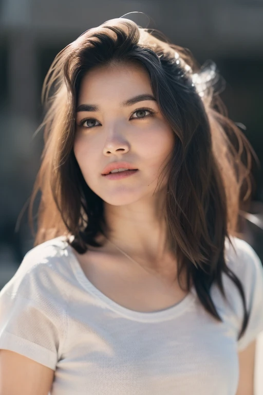 mariaz, 1girl,solo, wavy hair, upperbody, looking at viewer, brown shirt, portrait, simple background, standing <lora:maria512:1>