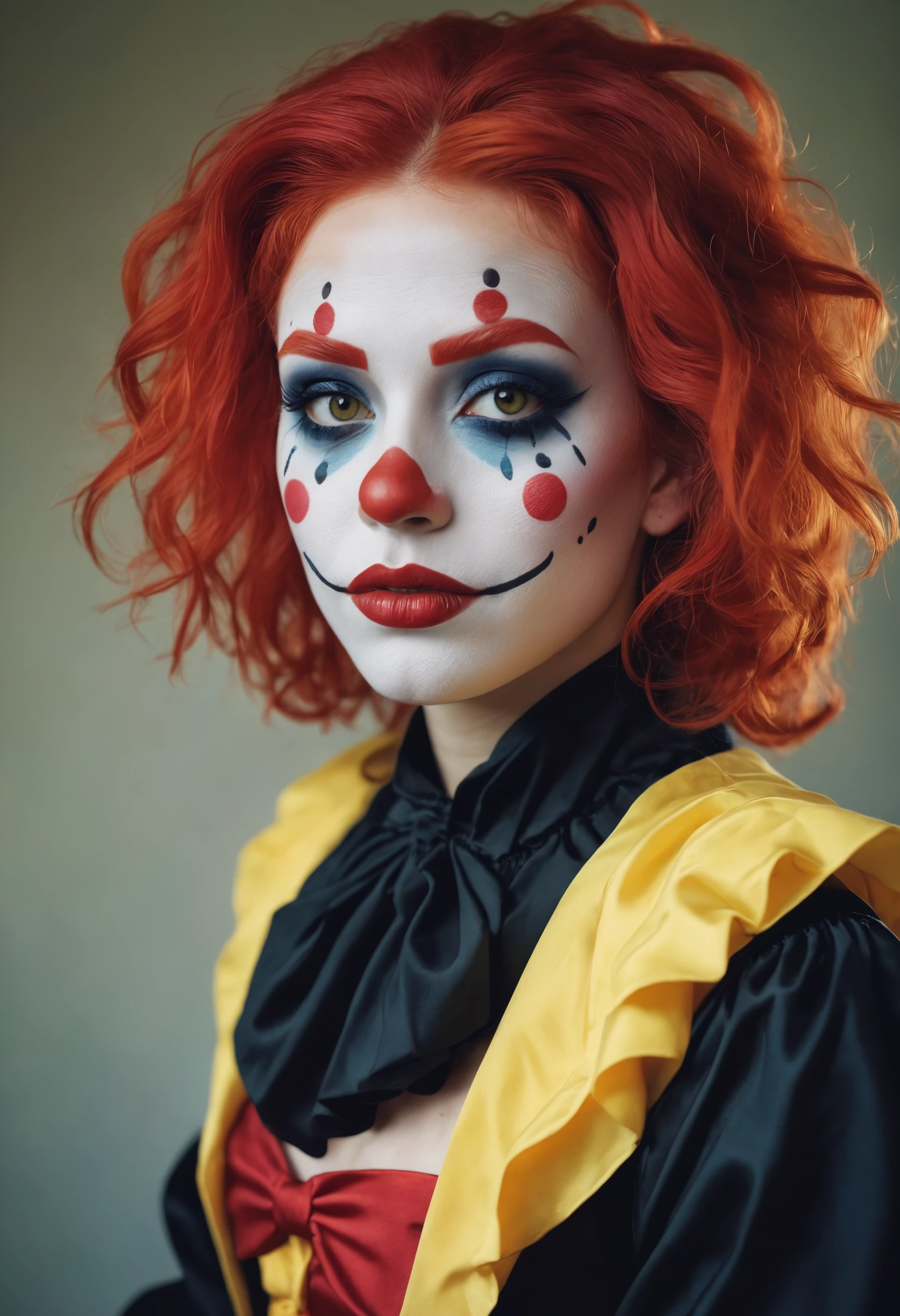 (disposable photography) a woman dressed as a clown with red hair, in the style of magical girl, colorful moebius, light yellow and dark crimson, loose and fluid, stylish costume design (style of Gris Grimly)