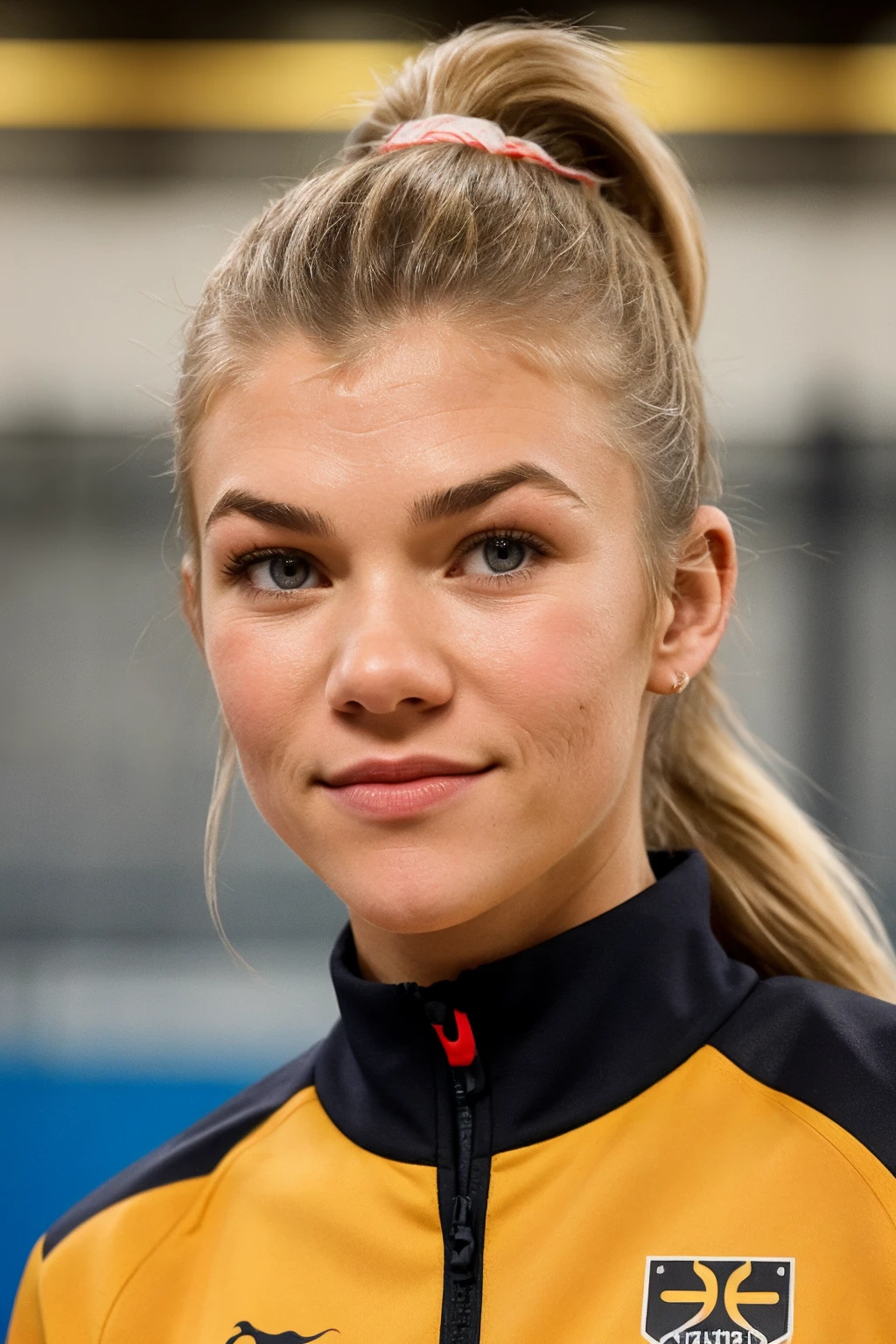 photo of beautiful (CTI_t3ssw3ster:0.9), a woman, perfect dirty blonde ponytail hair, (Dutch handball clothing), (indoor handball court), ((detailed eyes)), shallow depth of field, highly detailed, bokeh, cinemascope, epic, gorgeous, film grain