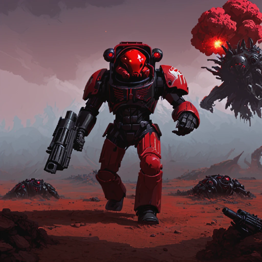 a red and black trmntr with a red helmet holding an assault cannon walks across an alien battlefield searching for enemies, rockets streak across the sky and explode into the landscape,