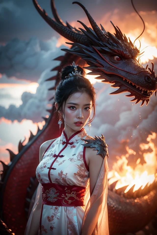 Dragon chant,1girl,dragon,dress,black hair,cloud,eastern dragon,white dress,brown hair,looking at viewer,cloudy sky,armor,realistic,solo,horns,sky,outdoors,blurry,short hair,teeth,fantasy,red lips,brown eyes,hair ornament,standing,chinese clothes,makeup,claws,
best quality,masterpiece,illustration,an extremely delicate and beautiful,CG,unity,8k wallpaper,Amazing,finely detail,masterpiece,official art,extremely detailed CG unity 8k wallpaper,incredibly absurdres,huge filesize,ultra-detailed,highres,extremely detailed,beautiful detailed girl,realistic,<lora:Dragon chant_20240227032919:0.8>,